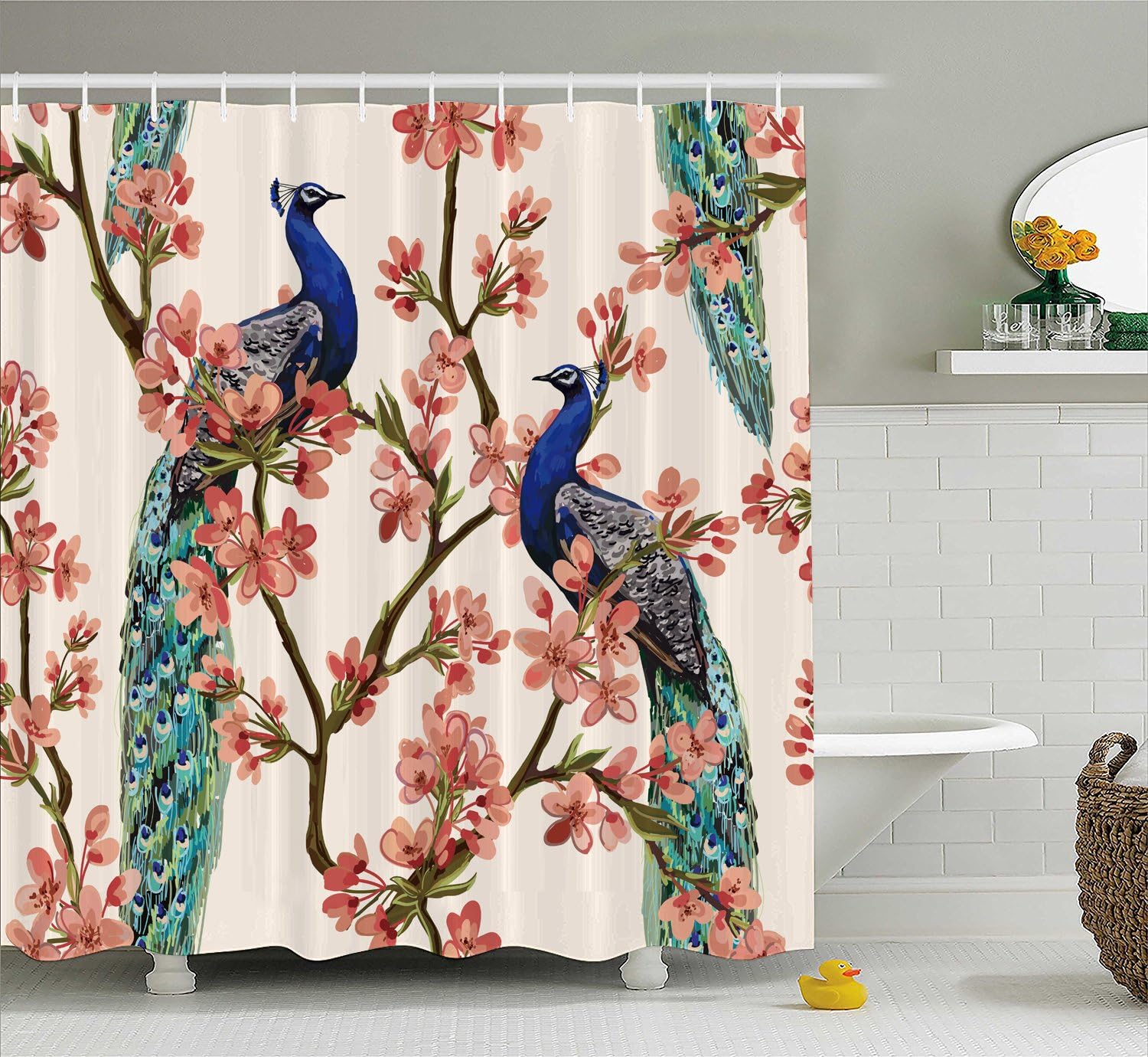 Tropical Flowers with Peacock Pattern Manerly Shower Curtain for Bathroom Decoration
