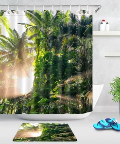 Tropical Forest Shower Curtain with Rainforest, Summer Morning, and Sunrise for a Serene Escape