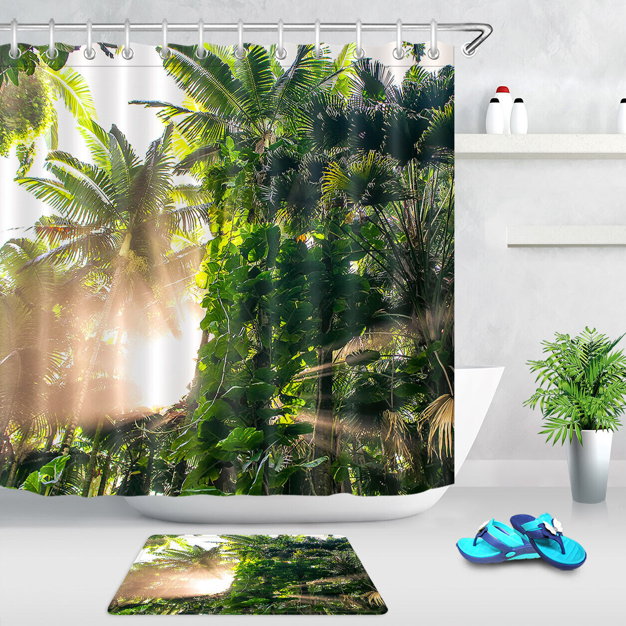 Tropical Forest Shower Curtain with Rainforest, Summer Morning, and Sunrise for a Serene Escape