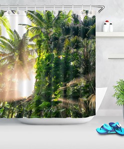 Tropical Forest Shower Curtain with Rainforest, Summer Morning, and Sunrise for a Serene Escape