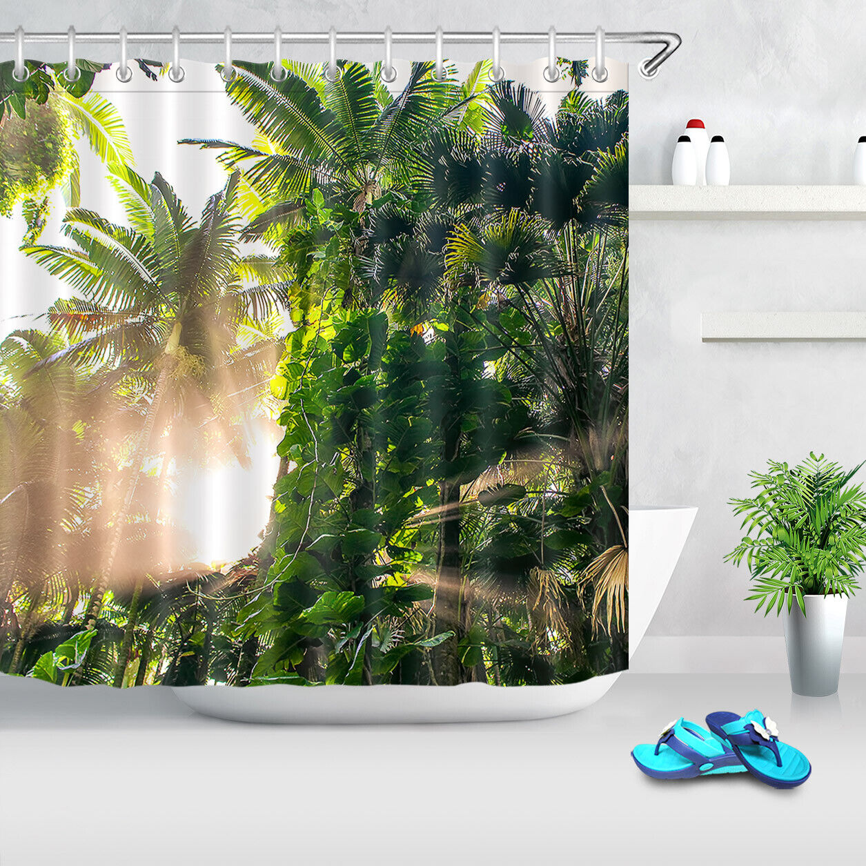 Tropical Forest Shower Curtain with Rainforest, Summer Morning, and Sunrise for a Serene Escape