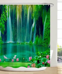 Tropical Forest Trees Waterfall Lake Lotus Flower Scenic Shower Curtain