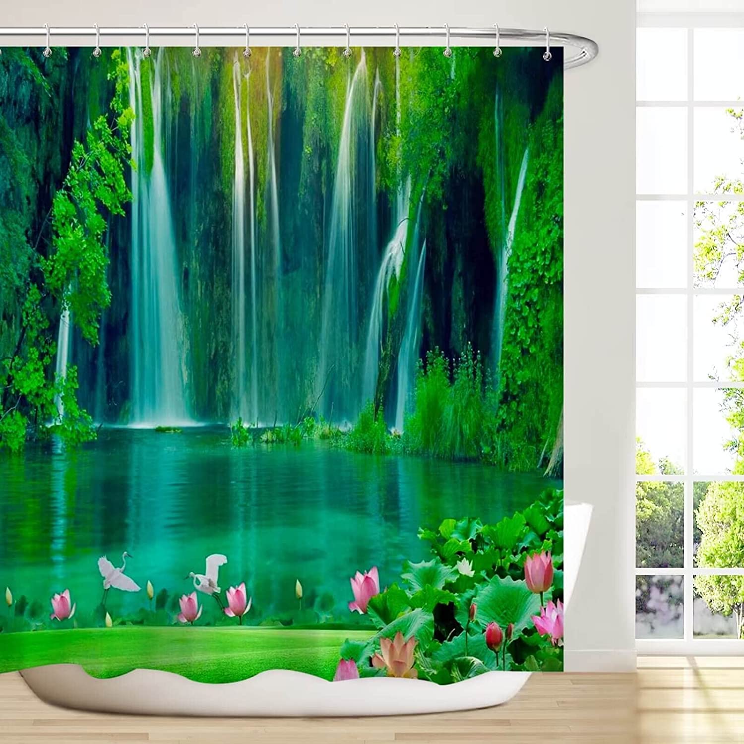 Tropical Forest Trees Waterfall Lake Lotus Flower Scenic Shower Curtain