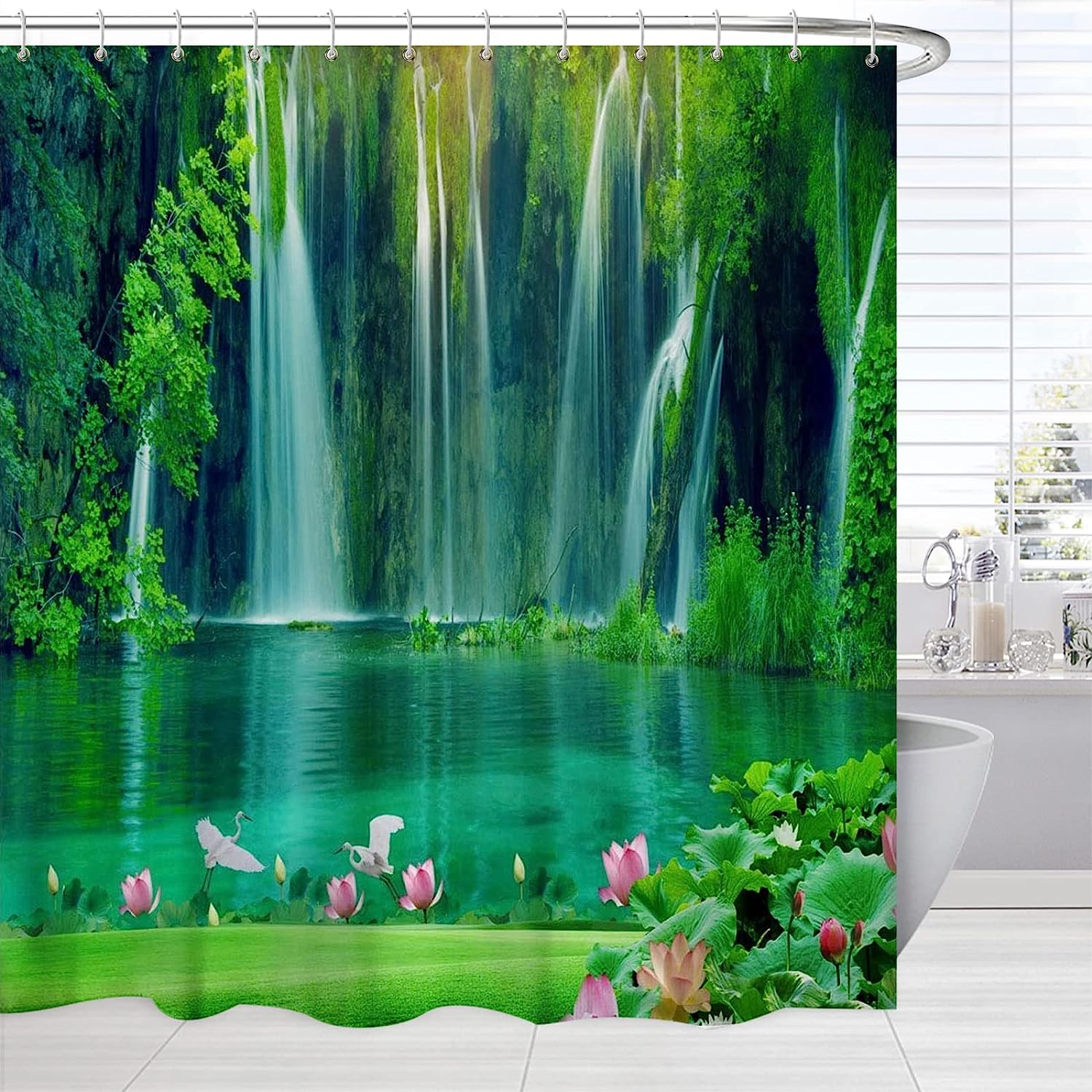 Tropical Forest Trees Waterfall Lake Lotus Flower Scenic Shower Curtain - Image 2