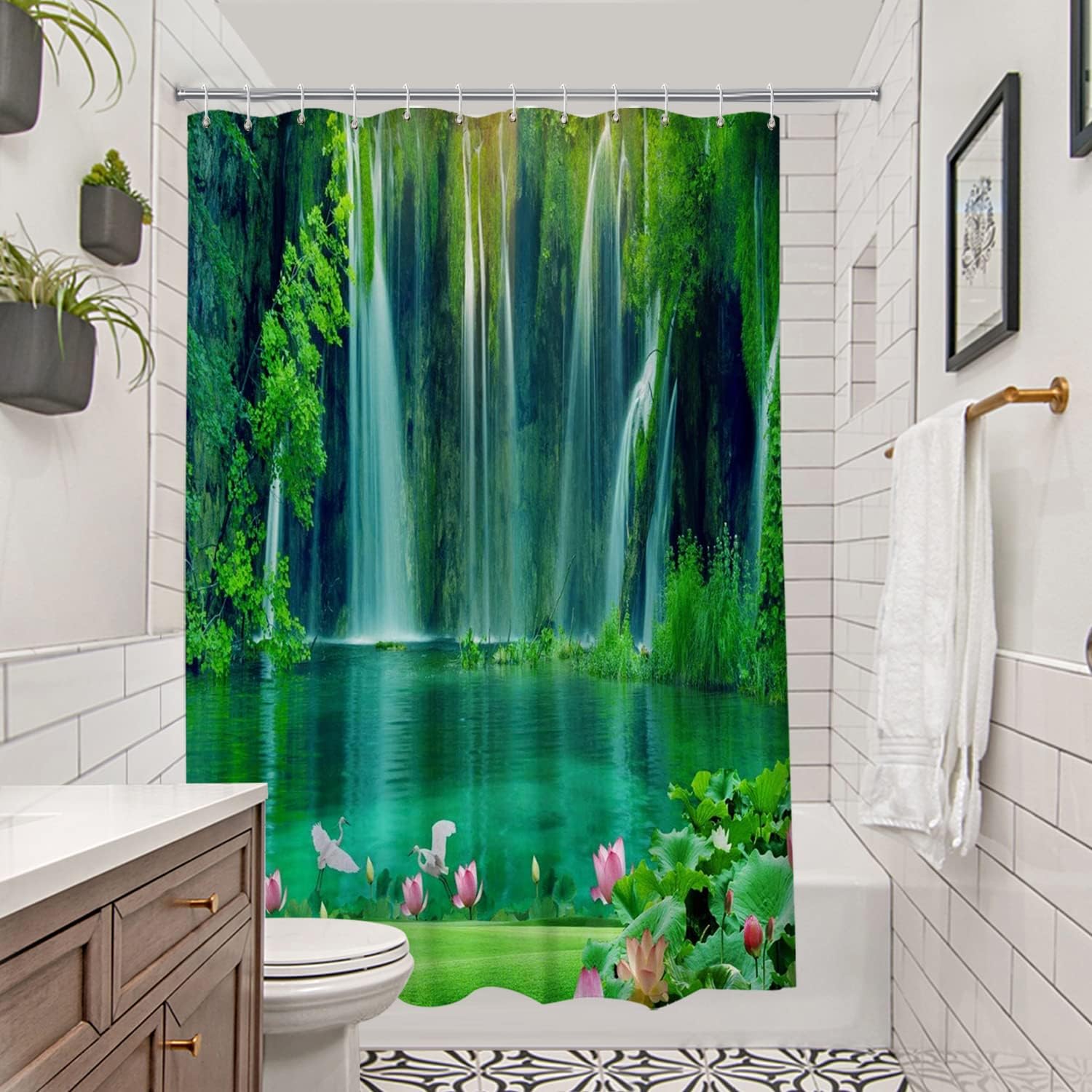 Tropical Forest Trees Waterfall Lake Lotus Flower Scenic Shower Curtain - Image 3