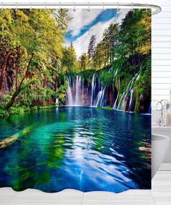 Tropical Forest Waterfall Lake Landscape Green Nature Shower Curtain