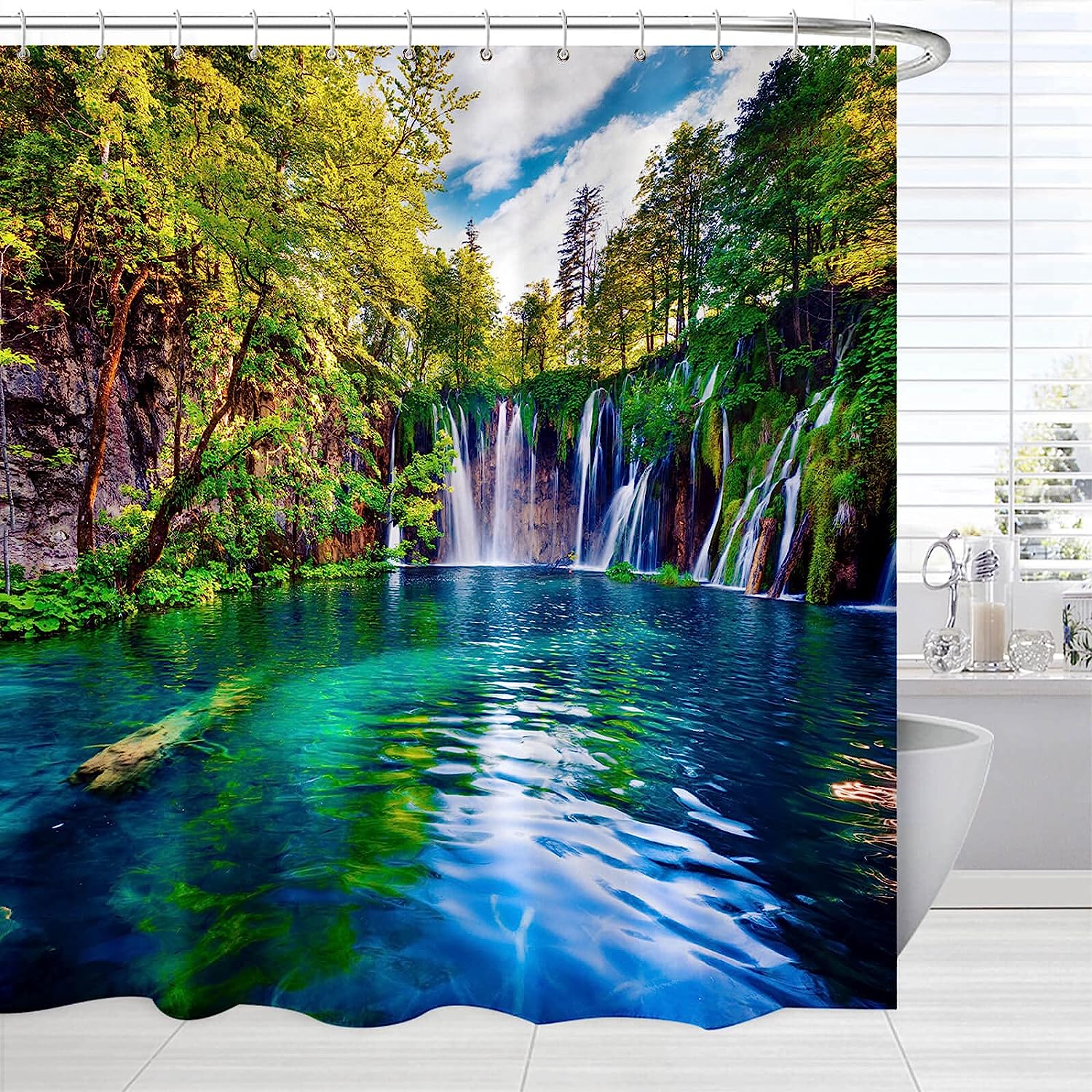 Tropical Forest Waterfall Lake Landscape Green Nature Shower Curtain
