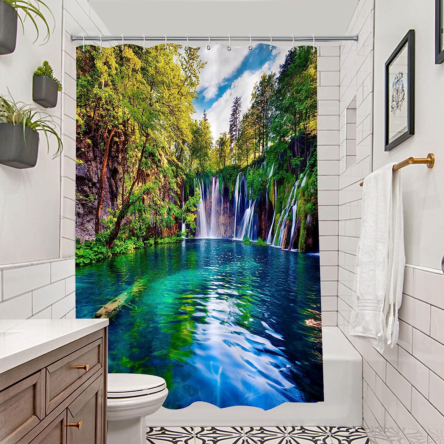 Tropical Forest Waterfall Lake Landscape Green Nature Shower Curtain - Image 2