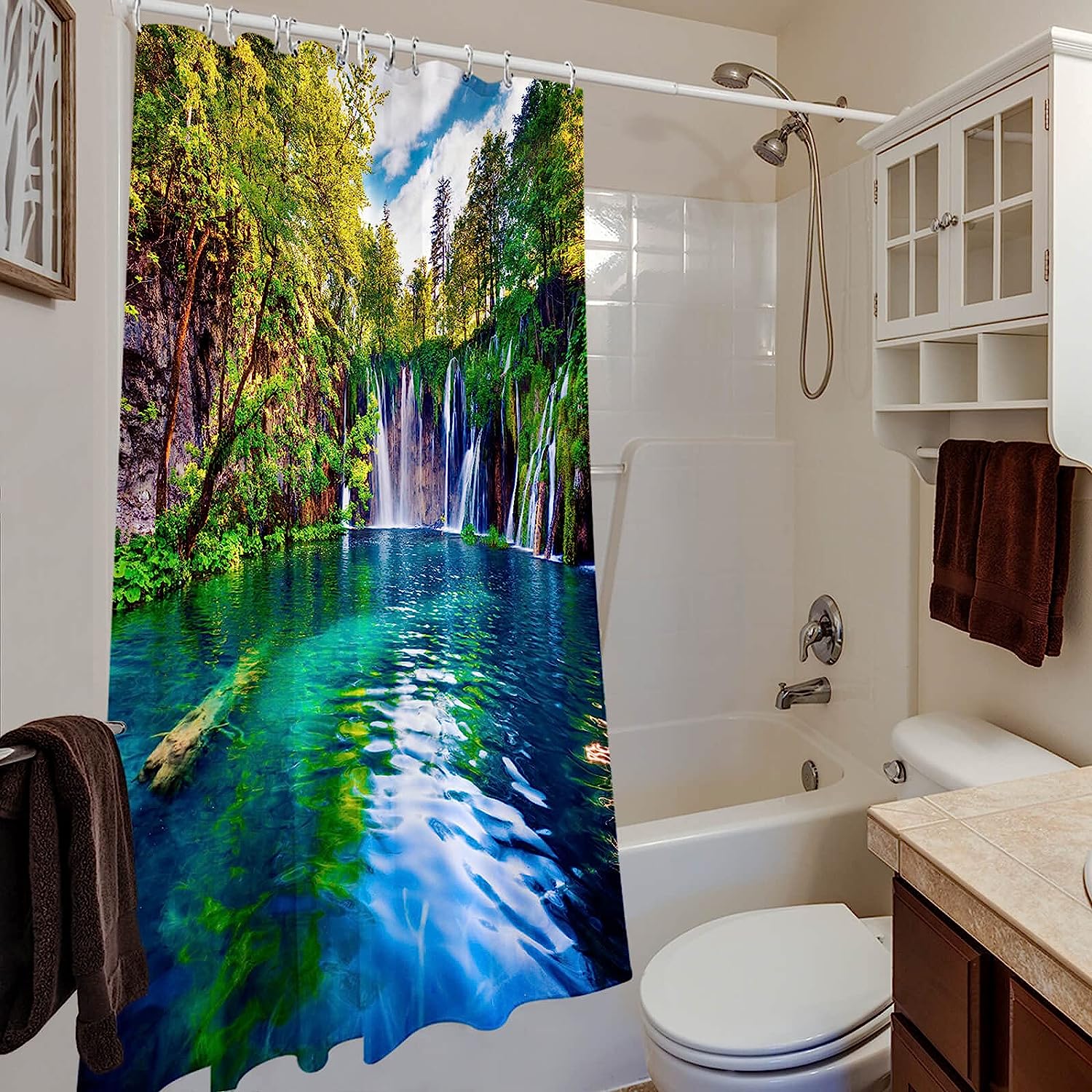 Tropical Forest Waterfall Lake Landscape Green Nature Shower Curtain - Image 3