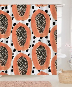 Tropical Fruit Illustration Shower Curtain with Papaya Design, Summer Bathroom Decor