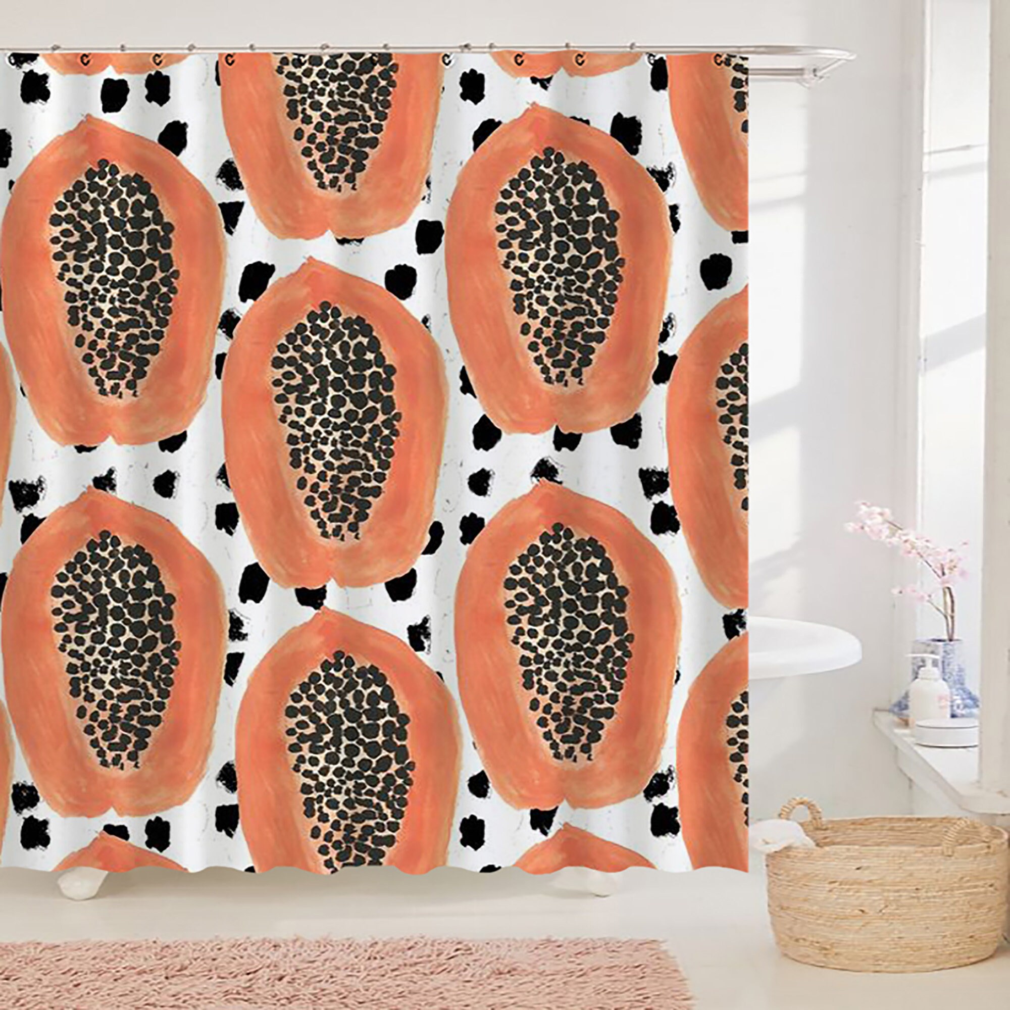Tropical Fruit Illustration Shower Curtain with Papaya Design, Summer Bathroom Decor