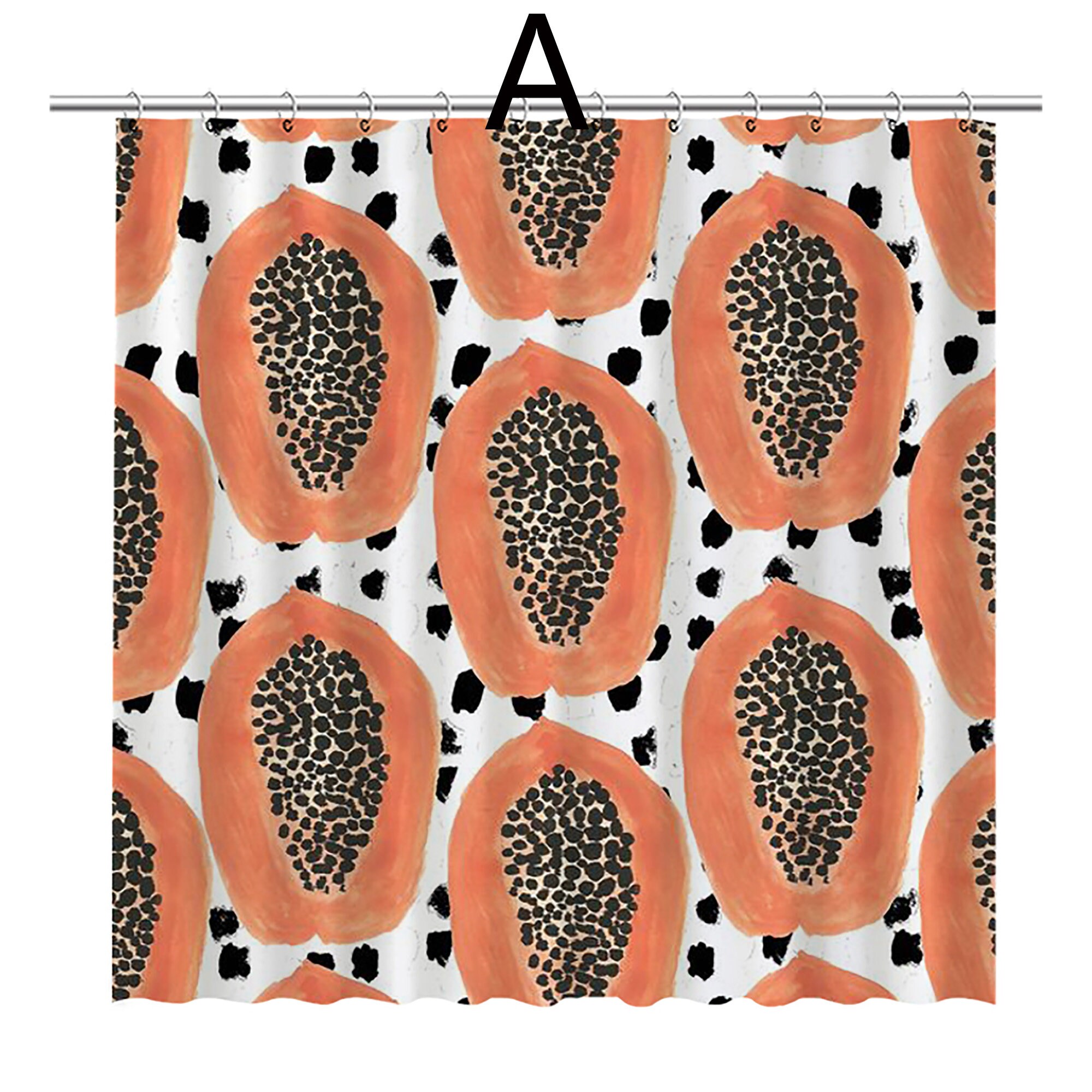 Tropical Fruit Illustration Shower Curtain with Papaya Design, Summer Bathroom Decor