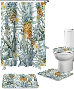 Tropical Fruit Shower Curtain, Pineapple and Flower Print for Bathroom