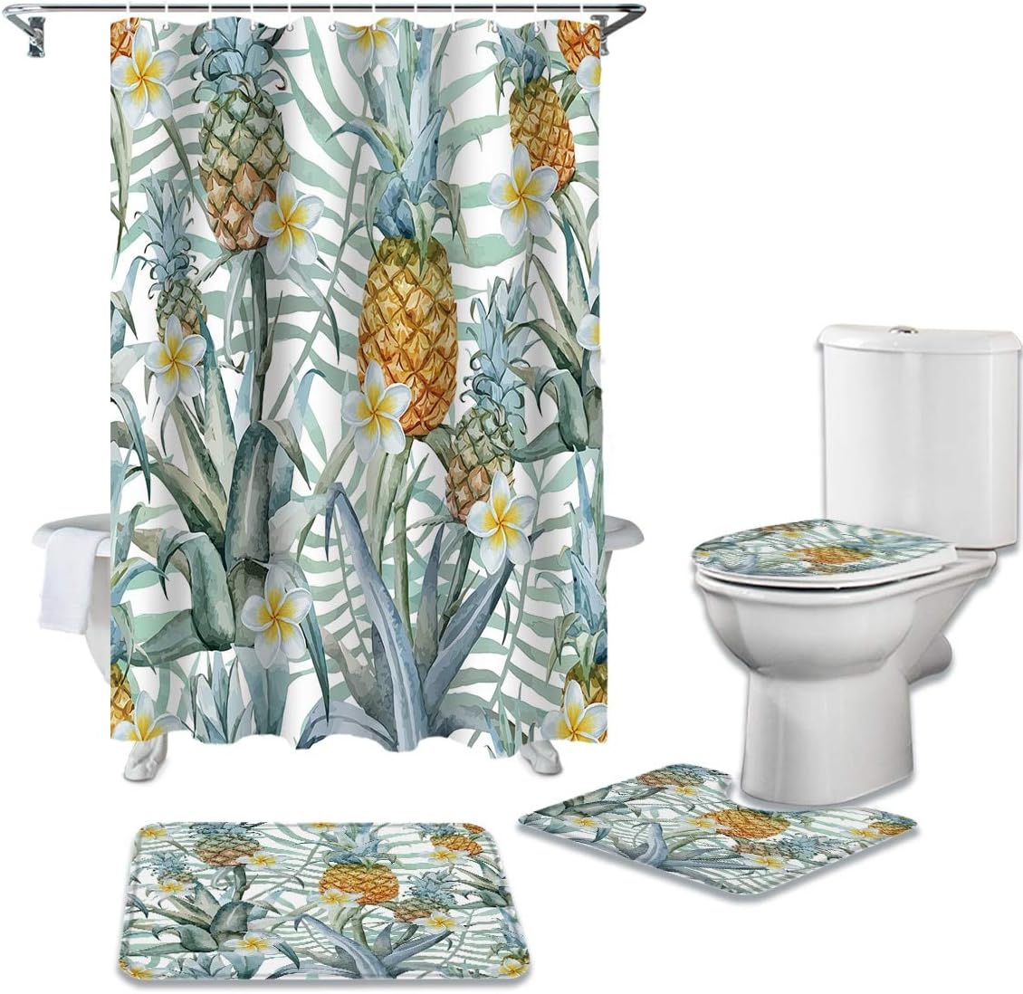 Tropical Fruit Shower Curtain, Pineapple and Flower Print for Bathroom