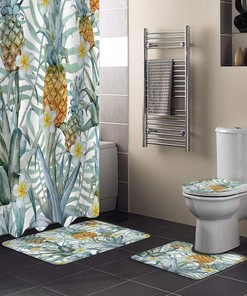 Tropical Fruit Shower Curtain, Pineapple and Flower Print for Bathroom