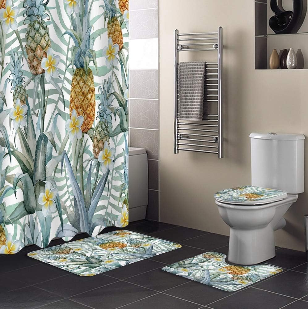 Tropical Fruit Shower Curtain, Pineapple and Flower Print for Bathroom