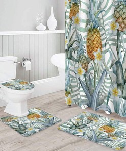 Tropical Fruit Shower Curtain, Pineapple and Flower Print for Bathroom