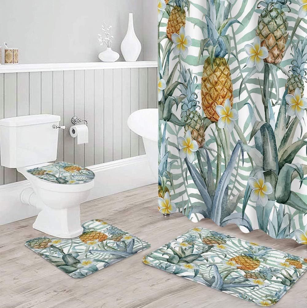 Tropical Fruit Shower Curtain, Pineapple and Flower Print for Bathroom