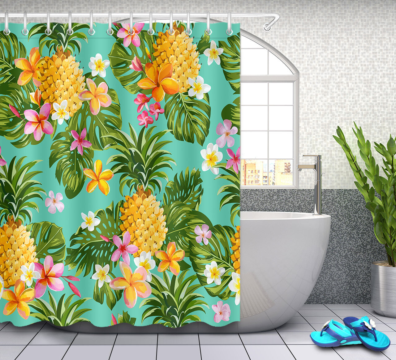 Tropical Fruit and Flower Shower Curtain for a Bright Bathroom
