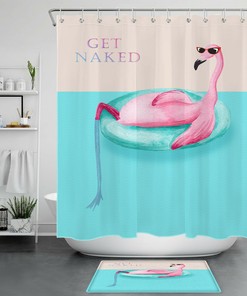 Tropical Get Naked Theme Shower Curtain With Swimming Flamingo Print