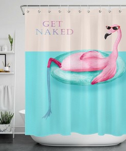 Tropical Get Naked Theme Shower Curtain With Swimming Flamingo Print