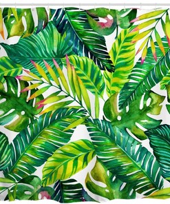 Tropical Goodbath Banana Leaf Shower Curtain - Featuring Green And White Palm Leaves - Waterproof And Stylish