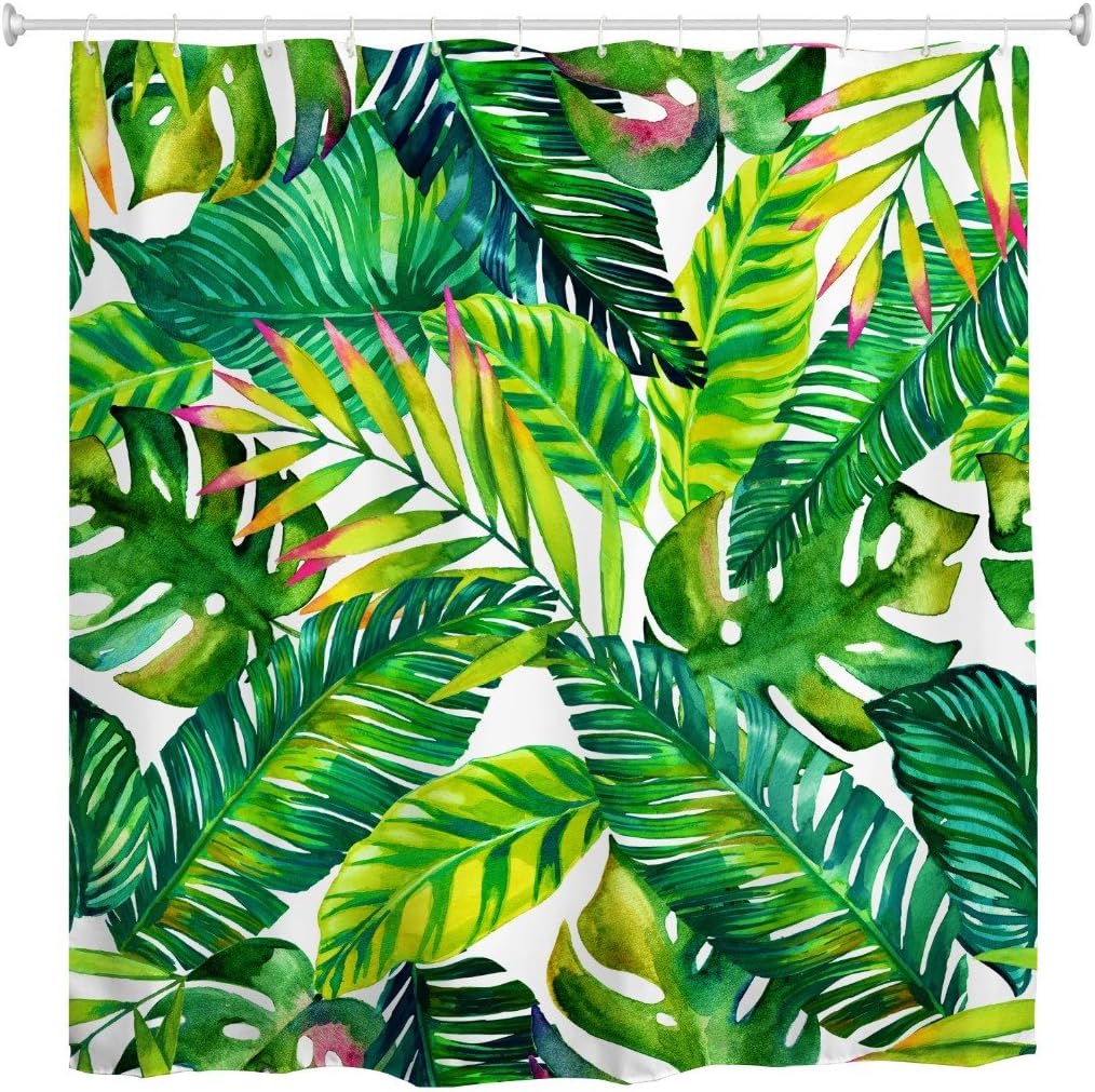 Tropical Goodbath Banana Leaf Shower Curtain - Featuring Green And White Palm Leaves - Waterproof And Stylish