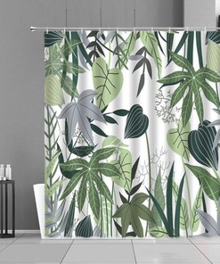 Tropical Graphic Botanical Leaves Print Shower Curtain - Forest Green Leaves Shower Curtain