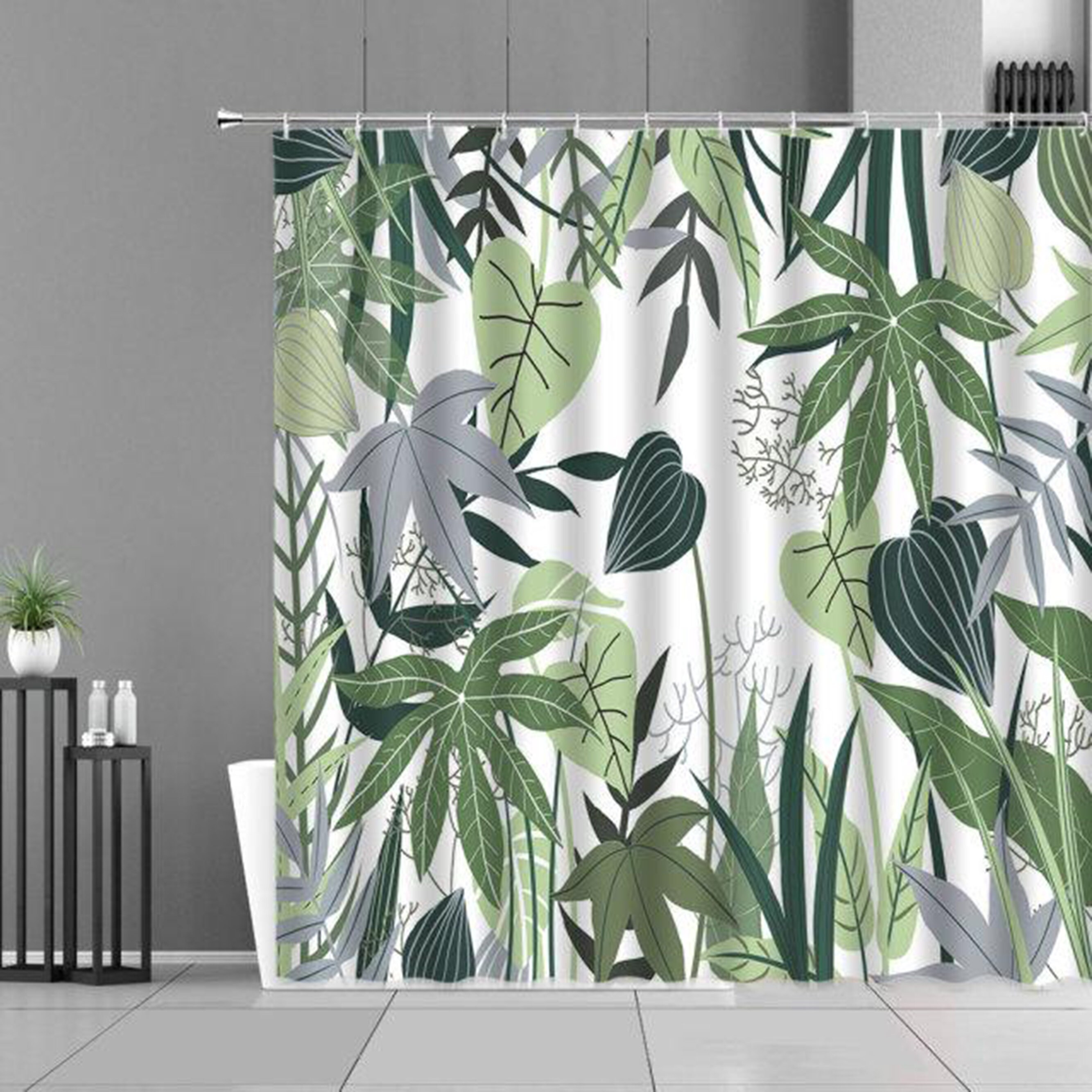 Tropical Graphic Botanical Leaves Print Shower Curtain - Forest Green Leaves Shower Curtain
