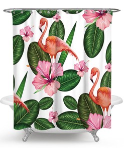 Tropical Grass Flower Design Shower Curtain With Pink Flamingo, Waterproof Fabric For Modern Bathroom Decor