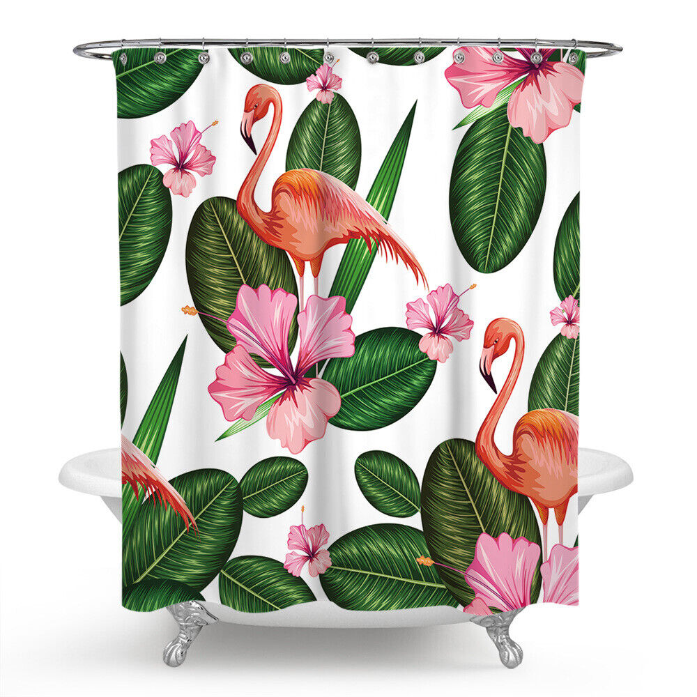Tropical Grass Flower Design Shower Curtain With Pink Flamingo, Waterproof Fabric For Modern Bathroom Decor