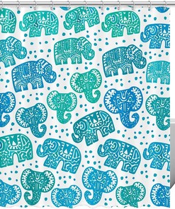 Tropical Green And Blue Geometric Graphic Leaves Shower Curtain For Bathrooms