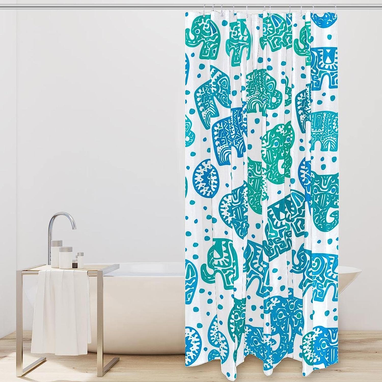 Tropical Green And Blue Geometric Graphic Leaves Shower Curtain For Bathrooms
