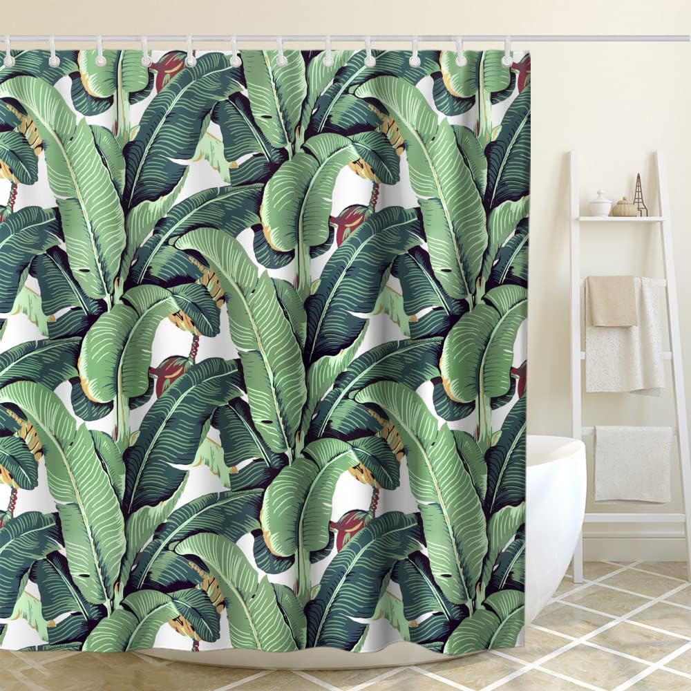 Tropical Green Banana Leaves Printed Shower Curtain for Kids Bathroom Decor