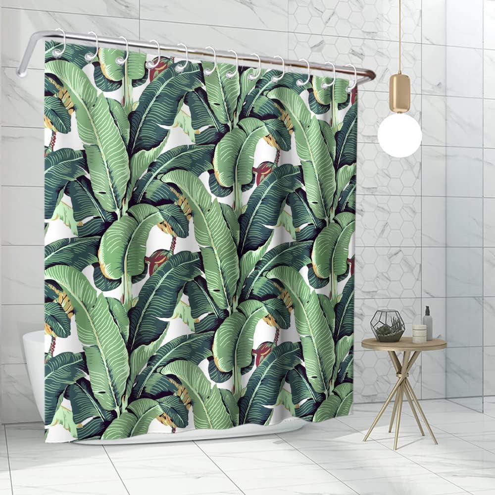Tropical Green Banana Leaves Printed Shower Curtain for Kids Bathroom Decor
