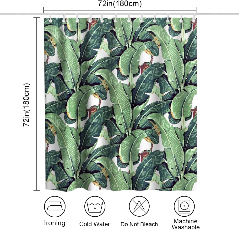 Tropical Green Banana Leaves Printed Shower Curtain for Kids Bathroom Decor