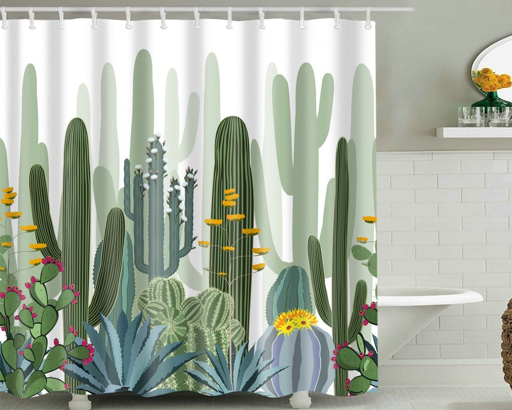 Tropical Green Boho Desert Bath Bathroom Shower Curtain Bathroom Decors With Cactus Floral Design