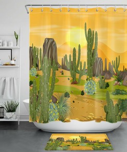 Tropical Green Botanical Cactus And Flower Shower Curtain For Bathroom Decor 