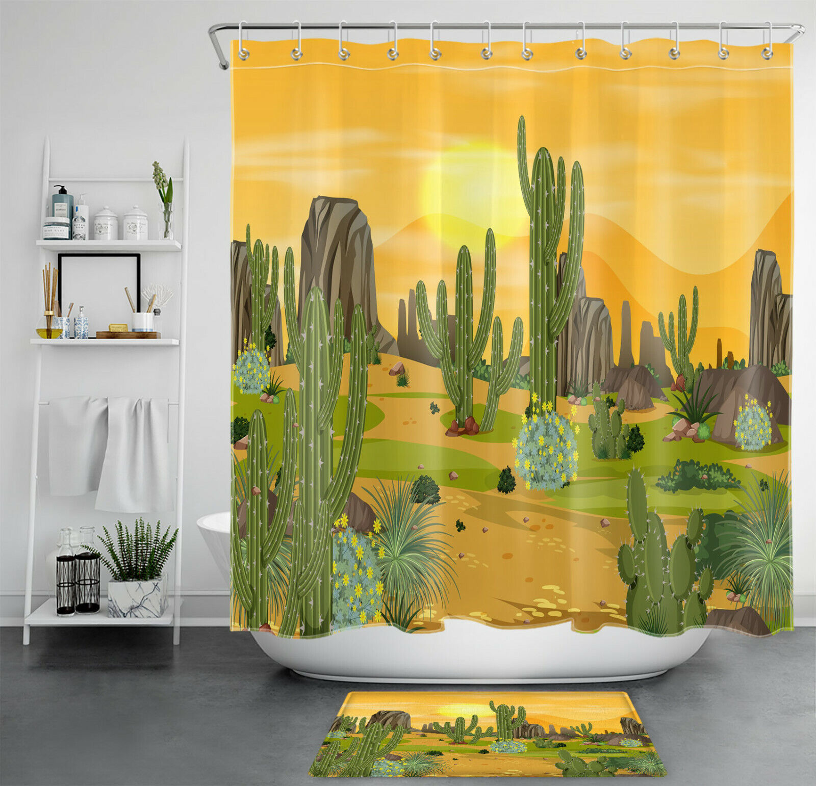 Tropical Green Botanical Cactus And Flower Shower Curtain For Bathroom Decor
