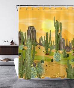 Tropical Green Botanical Cactus And Flower Shower Curtain For Bathroom Decor
