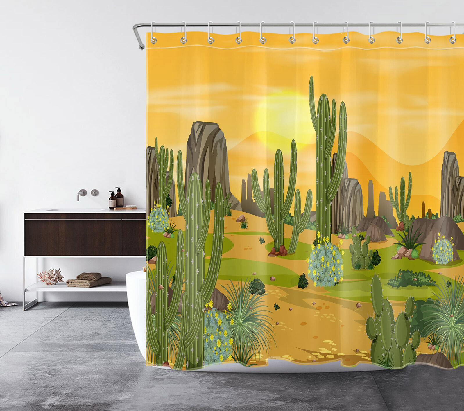 Tropical Green Botanical Cactus And Flower Shower Curtain For Bathroom Decor