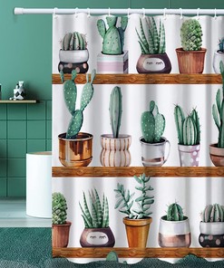 Tropical Green Cactus Shower Curtain For Saguaros & Succulent Bathroom Decor 