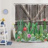 Tropical Green Cactus Shower Curtain with Western Wood Board and Flora Design for Elegant Bathroom Look