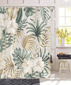 Tropical Green Floral Foliage Palm Leaves Shower Curtain for Bathroom, Waterproof Fabric Bathroom Curtain