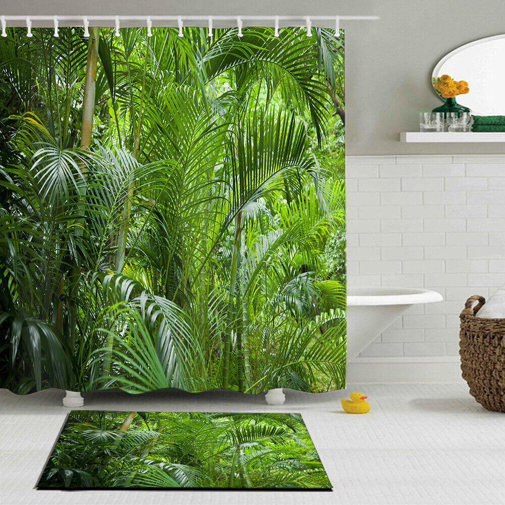 Tropical Green Jungle Palm Tree Fabric Shower Curtain