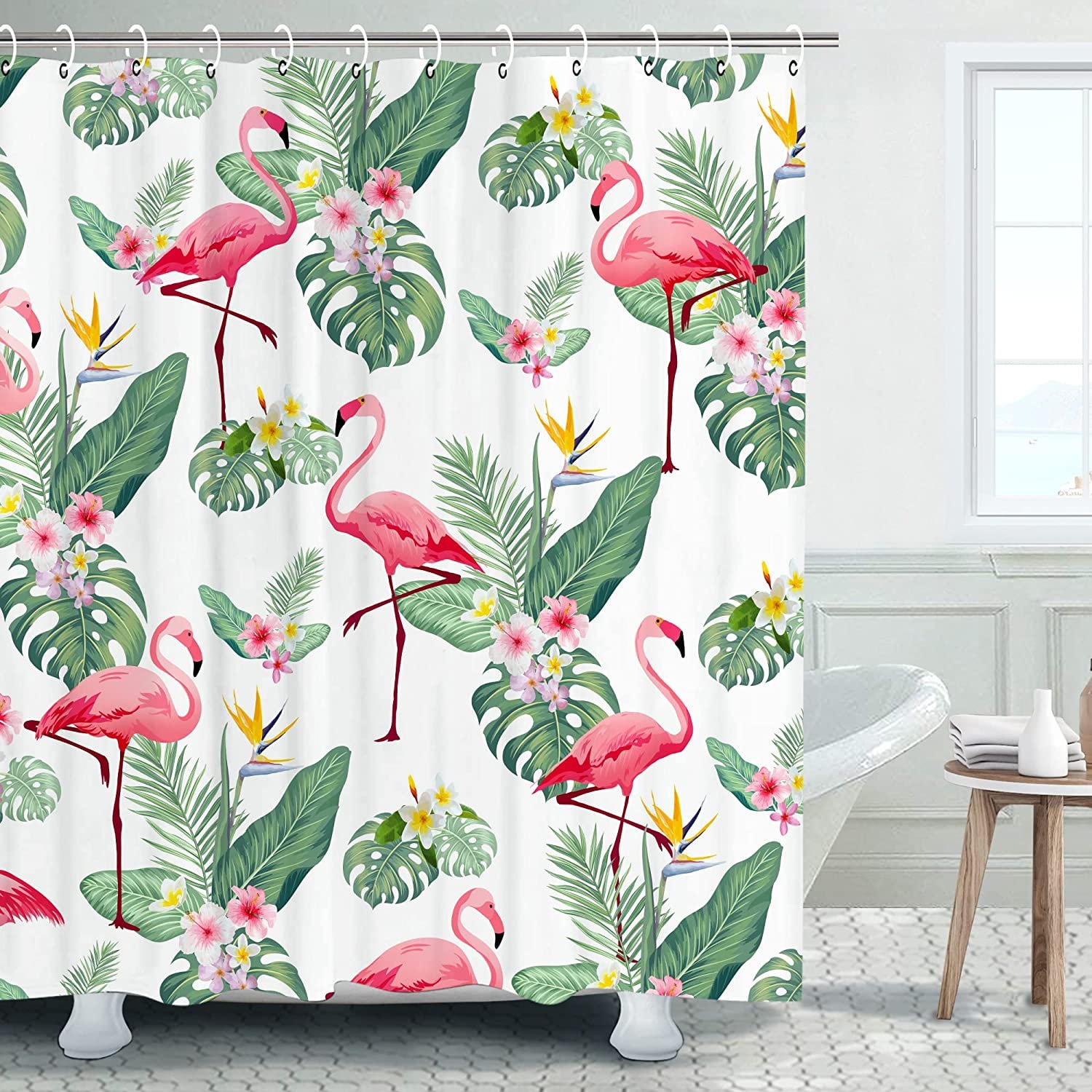 Tropical Green Leaf Flamingo Shower Curtain For A Luxurious Bathroom