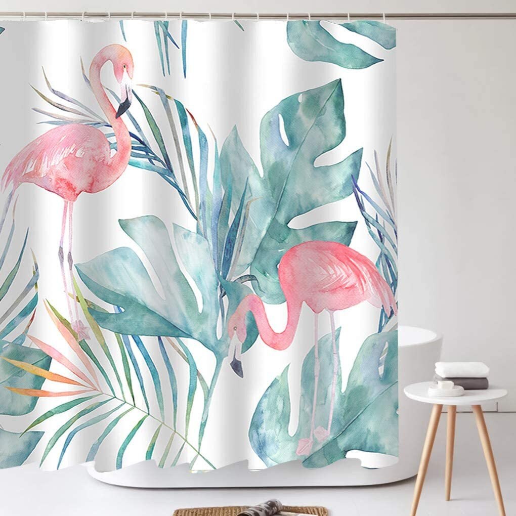 Tropical Green Leaf Flamingo Shower Curtain For A Luxurious Bathroom