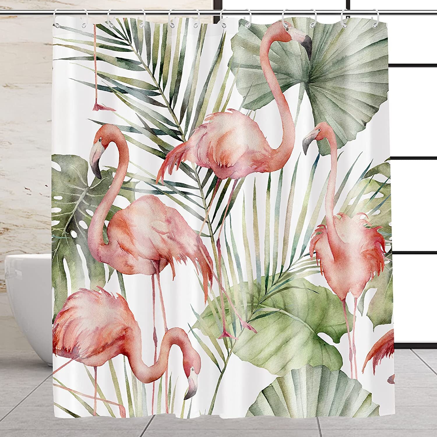 Tropical Green Leaf Flamingo Shower Curtain For A Luxurious Bathroom