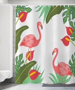Tropical Green Leaf Flamingo Shower Curtain For A Luxurious Bathroom