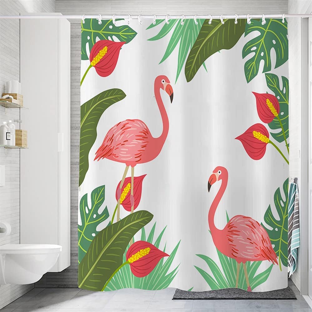 Tropical Green Leaf Flamingo Shower Curtain For A Luxurious Bathroom